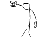 Black stick figure with rectangular head holds a small bird-like object in right hand, transitioning through five distinct poses showing arm and body movement.