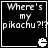 Black background with white pixelated text reading "Where's my pikachu?!?" and a small white pixelated icon of a mouth with teeth in the bottom right corner.