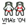 Animated contact sheet of 12 pixel-art buddy icons featuring astronauts and VMA's '04 text, with some frames showing animation cycles and a final frame displaying the Video Music Awards logo.