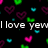 Black background with scattered heart shapes in pink, green, and cyan; white text 'I love yew' appears on the left side.
