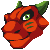 Pixelated red creature head with green eyes, two small horns, and three green stripes on its cheek against a gray background.
