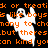 Pixelated orange text on black background with white and gray ghost figures, repeating phrases about 'trick or treat' and 'boys like boys'.