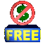 Animated sequence of a red prohibition symbol over a green dollar sign atop a blue block with yellow 'FREE' text, showing rotation and color variations.