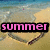 Pixelated beach scene with heart-shaped sand drawing; pink text "summer" on left, pink "love" flanked by hearts on right.