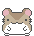 Pixel art hamster with brown and white fur, pink ears, black eyes, and a small nose; left side shows closed mouth, right side shows open mouth.