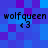 Pixelated blue and purple background with repeated text 'wolfqueen' and '<3' symbols in black pixel font