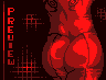 Pixel art of a red-toned figure with visible buttocks and rose tattoos, set against dark background with grid patterns and vertical text.
