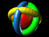 A red sphere encircled by three interlocking rings in blue, green, and yellow, rotating through multiple orientations against a black background.