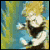 Pixelated character with spiky blonde hair and dark collar, arms raised in dynamic pose against blurred green-blue background.