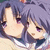 Two anime-style characters with purple hair and rosy cheeks in a close embrace, one character's head tilted down toward the other.