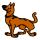 Four pixelated cartoon dog poses on gray background, each with orange-brown body, black collar, and tail position variations.