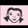 Animated cartoon avatar with two distinct head views on a pink background, featuring stylized facial features and the name 'rachel' in purple text below.