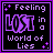 Two side-by-side animated frames of a pixel art buddy icon with purple text and sparkles on black background, showing frame-to-frame changes in the word "LOST".