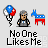 Pixel art of a gray-haired man in a gray suit with a blue tie, holding red-and-blue balloons, next to a blue-and-red donkey, with 'NoOne Likes Me' text below and 'VOTE FOR' or 'VOTE FOR JOHN KERRY' text above in some frames.