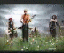 Animated scene of four figures on a grassy field under cloudy sky, with one central figure holding guitar and others positioned around.