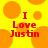 Yellow background with orange circles and red text reading "I Love Justin" in pixelated font.