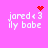 Pixelated pink background with white text 'jared <3 ily babe' and red heart or starburst symbols above the text in different frames.