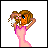 Pixel art contact sheet showing four frames of an animated buddy icon featuring a cartoon woman in pink attire and text phrases.
