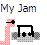 Pixelated text 'My Jam' above a pink checkered snake and black headphones on gray background.