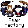 A contact sheet of 10 animated frames from a Fear Factory-themed AIM buddy icon, showing various logo variations and character sprites with consistent branding elements.