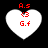 Four white heart-shaped icons with red text and symbols on black background, each displaying 'A.s', '<3', and 'G.f' in pixelated font.