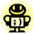 Pixelated cartoon robot with yellow smiley face and black body holding a white screen showing evolving text symbols, displayed in a 2x2 contact sheet layout with three visible frames.