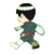 Pixelated character in green outfit with white accents and brown belt walking left to right across gray background.