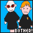 Animated pixel art of two figures in black outfits against a blue background, with one figure's expression changing from neutral to smiling while the other remains static.