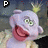 Animated sequence of a purple puppet-like character with green eyes and yellow crown, displaying mouth movements