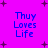 Four identical blue text blocks reading 'Thuy Loves Life' on a bright purple background with scattered dark purple plus signs.