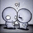 Two round-headed figures embrace under a heart symbol, with pixelated blue text surrounding them on light background.