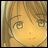 A 48x48 pixel buddy icon featuring a split composition with an anime-style character on the left and text elements on the right against a black background.