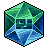 Pixel art icon depicting a stylized landscape with green terrain, blue water, and a central dark structure, rendered in a hexagonal frame with black border.