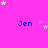 A static image with a bright pink background featuring multiple instances of the name "Jen" in blue text, scattered white and light pink stars, and a gray rectangular shape in the bottom right corner.