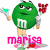 Green M&M character holding green and red objects with 'marisa' text below in varying colors across frames.