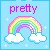 Pixel art rainbow with white clouds on light blue background, text above reads 'pretty colors in the homo rainbow' in pink letters.