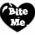 Black heart-shaped icon with white text "Bite Me" and a small curved line on the left side, displayed in three variations showing different pixelation levels.