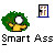 Pixel art animation of a yellow figure with white head peeking from green bushes, interacting with a blue-and-white door icon, with "Smart Ass" text below.