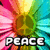 A colorful pixelated flower with radiating petals and a central green-brown core, overlaid with the word "PEACE" in blocky white text on two visible