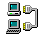 A 4-frame animated contact sheet showing two pixel-art laptops with green and blue screens connected by yellow-and-gray cables, displaying screen color changes across frames.