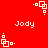 Red background with white pixelated text 'Jody' and repeating white square-and-dot patterns in four orientations.