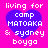 Four identical pixelated icons arranged in a on bright pink background, each featuring blue heart with white text reading "living for camp MATOAKA & sydney boyga"