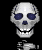 Pixelated skull with dark blue sunglasses and a black nose, holding a white object against a black background.