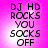 Pixelated text on a pink gradient background with four identical showing 'DJ HD ROCKS YOU SOCKS OFF' in black block letters