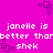 Static pixel art icon with bright magenta background, repeating white text 'janelle is better than shek', and purple square patterns.