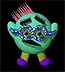 Pixelated cartoon character with teal face, purple shoes, yellow legs, and pink comb-like hair, wearing blue-rimmed glasses with red pupils.