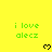 Yellow background with green text 'i love alecz' and black pixelated hearts in a