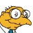 Pixelated yellow cartoon character with large round eyes, one eye showing a question mark, wearing a blue tie, and having a small black mustache.