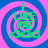 Four identical display green text "I LIKE PAT" over a pink and blue spiral background with three green fish icons below