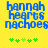 Blue pixelated text 'hannah hearts nachoes' on yellow background with green clover symbols below, two identical frames showing animation change in clover positions.